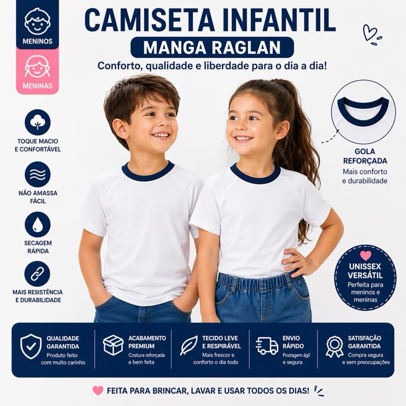 Kit 3 Camisetas Infantil Branca Raglan Gola Azul Malha PA 50/50 | Conforto Premium | Não Amassa