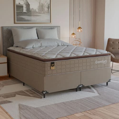 Cama Box Queen + Colchão Comfort Class Pillow Top 158x198cm  Bege/suede Bege