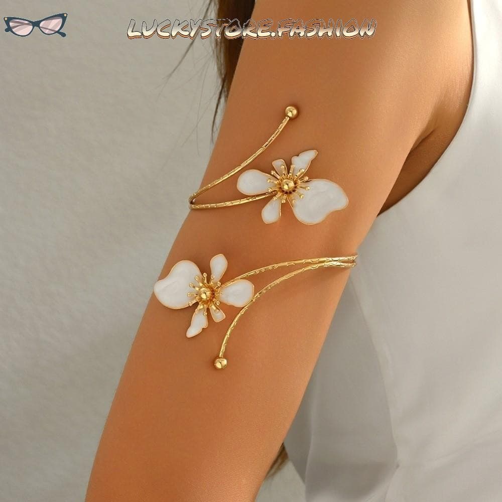 Luckystoree Braçadeira De Punho Aberto Floral , Pulseira De Flor De Metal Artesanal Esmaltado , Anel De Braço Dourado