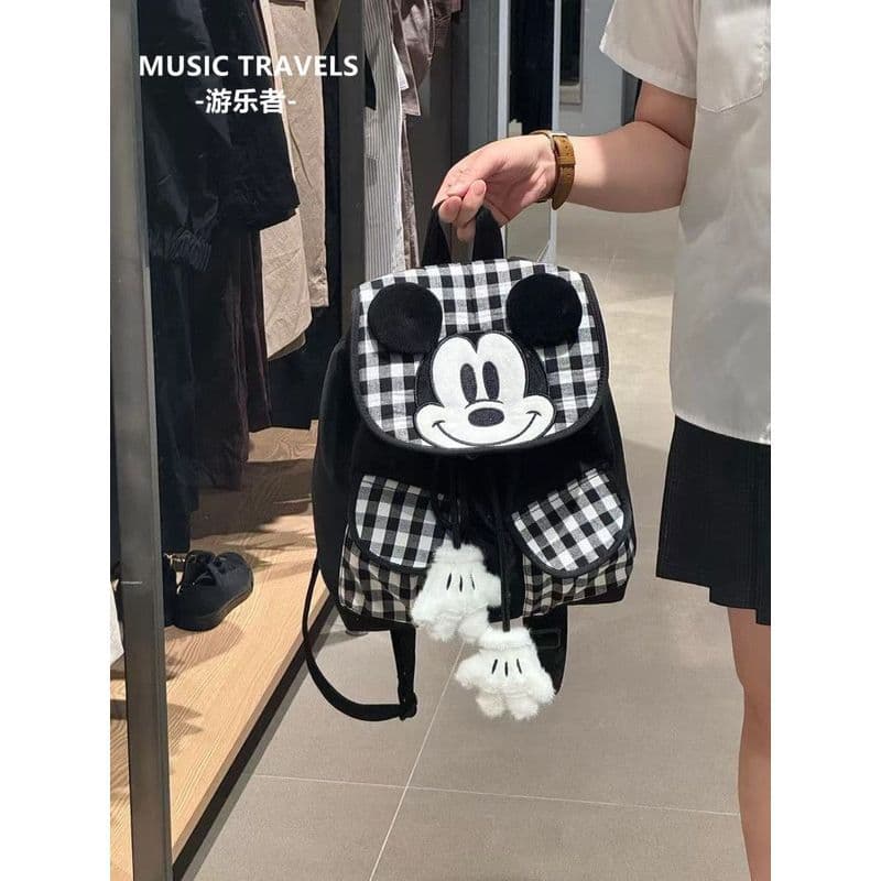 2026 coreano bonito mochila Mickey preto branco xadrez Campus estudante mochila dos desenhos animados ins estilo mochila
