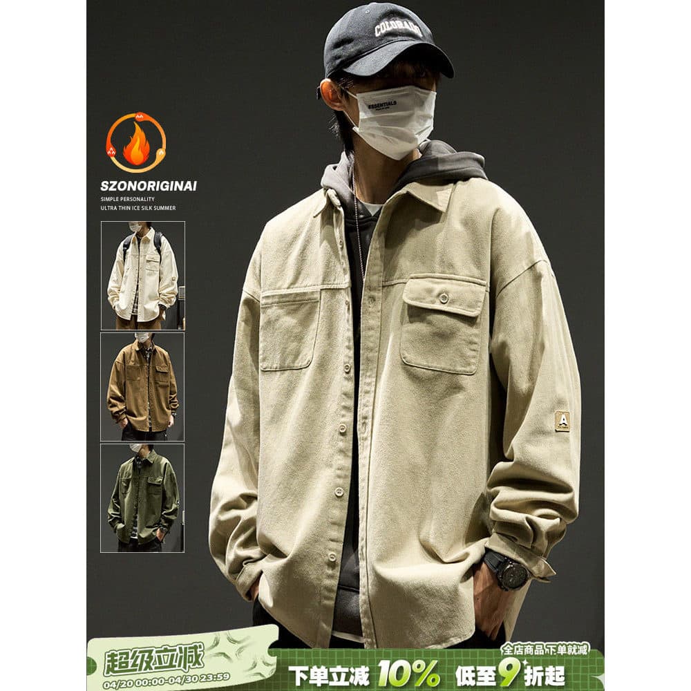 Camisa de trabalho jaqueta masculina primavera outono estilo japonês puro algodão solto All-Match camisa de manga compri