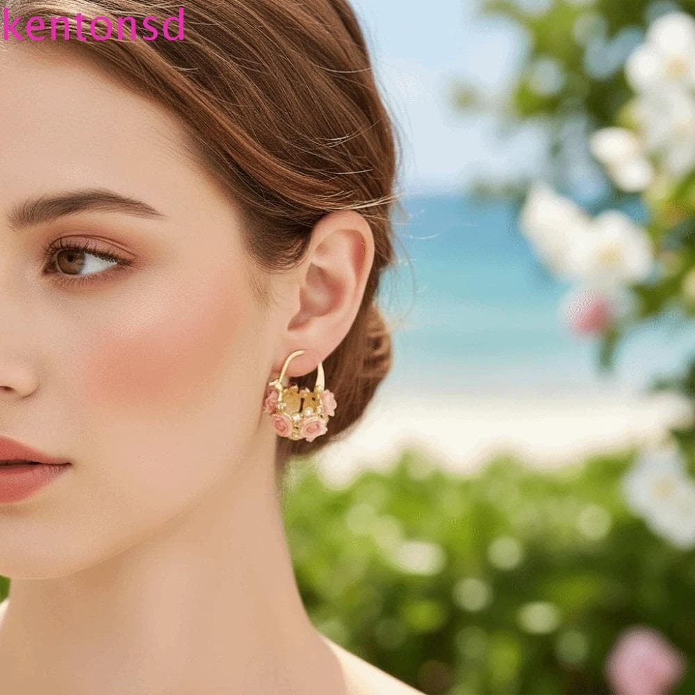 Kentondx 1 Par De Brincos De Strass Rosa , Joias Com Punho De Orelha De Cesta De Flores Brilhantes , Elegante