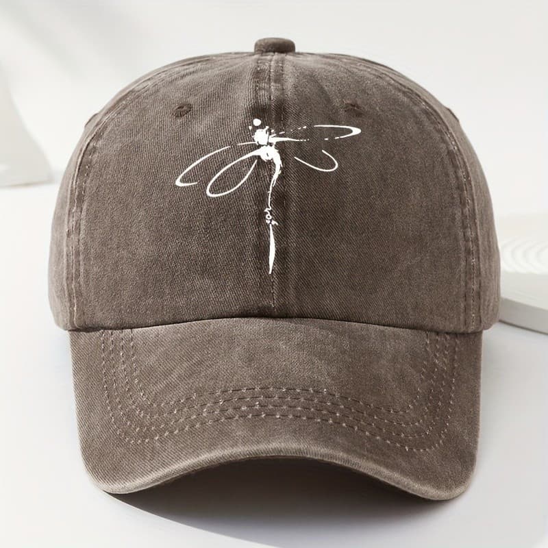 Boné de Beisebol com Estampa de Libélula, Lavado e Desgastado, Estilo Casual "Dad Hat"