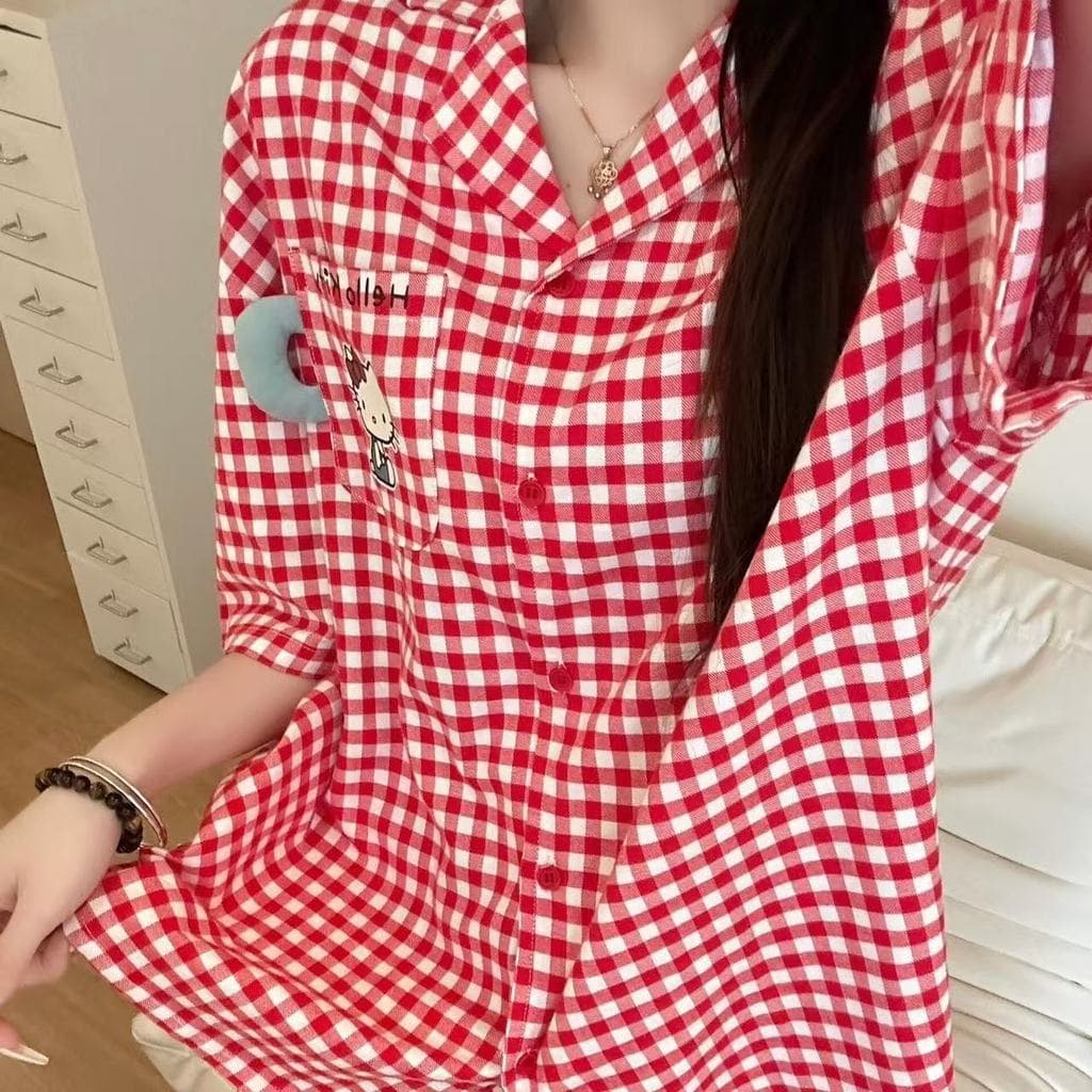 Hello Kitty Colud Pijama De Algodão Feminino Verão Macio Roupa De Dormir Para Mulher Tiros De Manga Curta