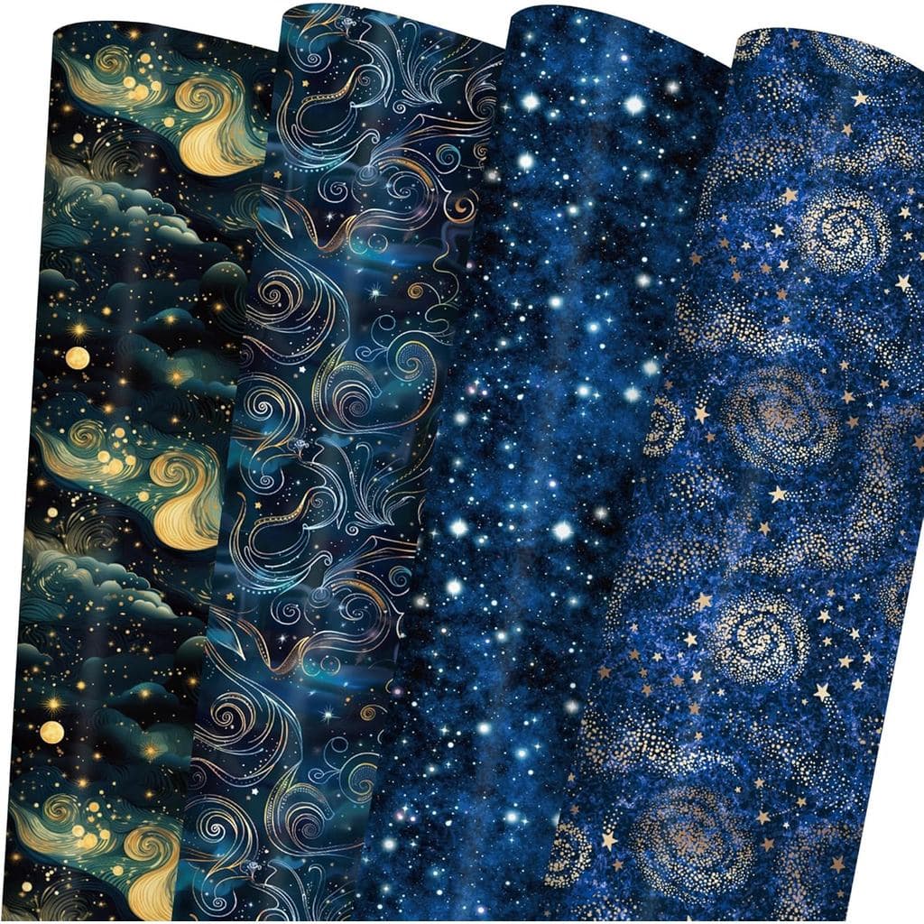 Papel de Presente RiukRaiu Galaxy para Crianças - Azul Dourado Céu Noturno Nebulosa Estrela para Aniversário, Festa, Fer