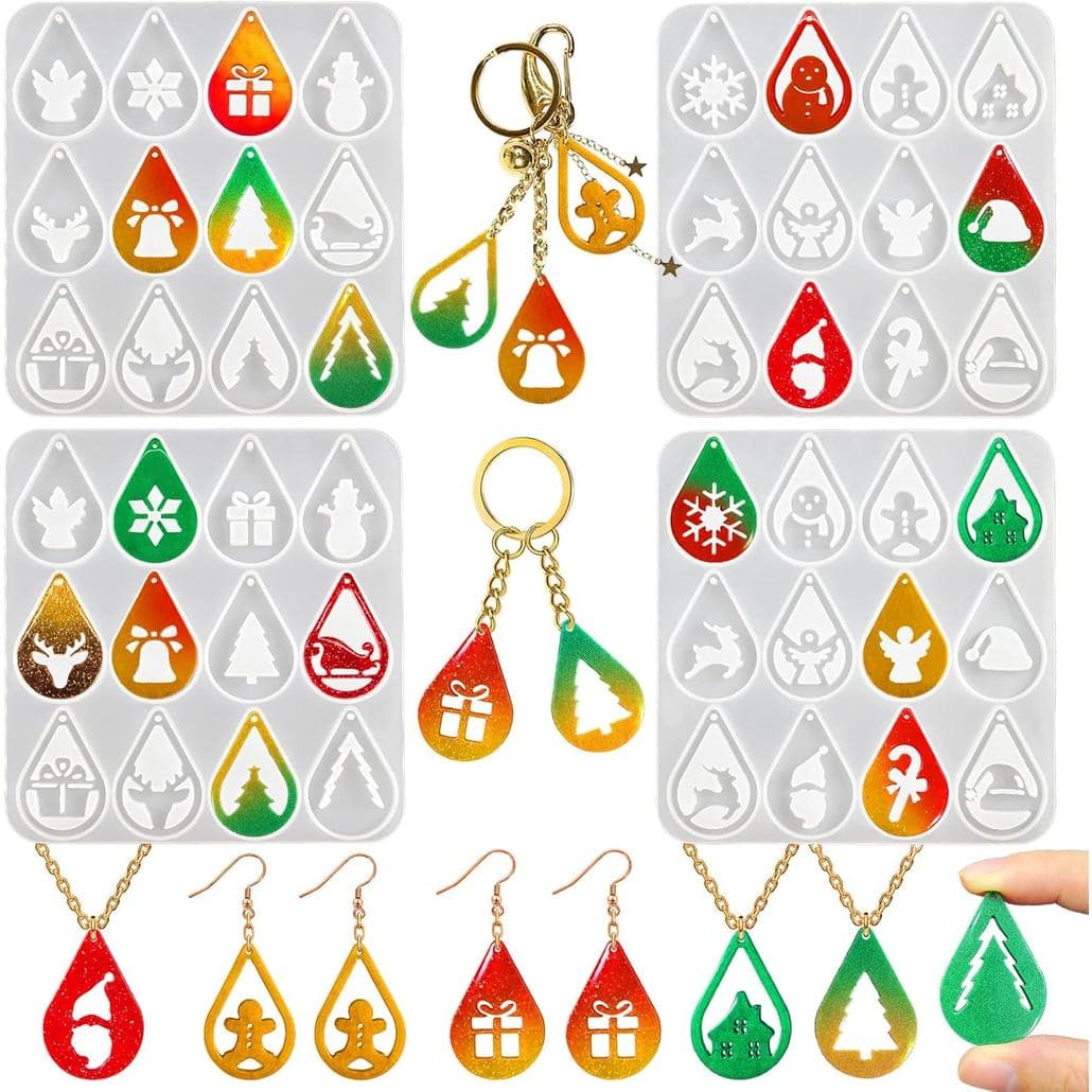 Conjunto de 4 Moldes de Resina para Brincos de Natal, Diversas Formas: Gota d'Água, Floco de Neve, Boneco de Neve, Alce,