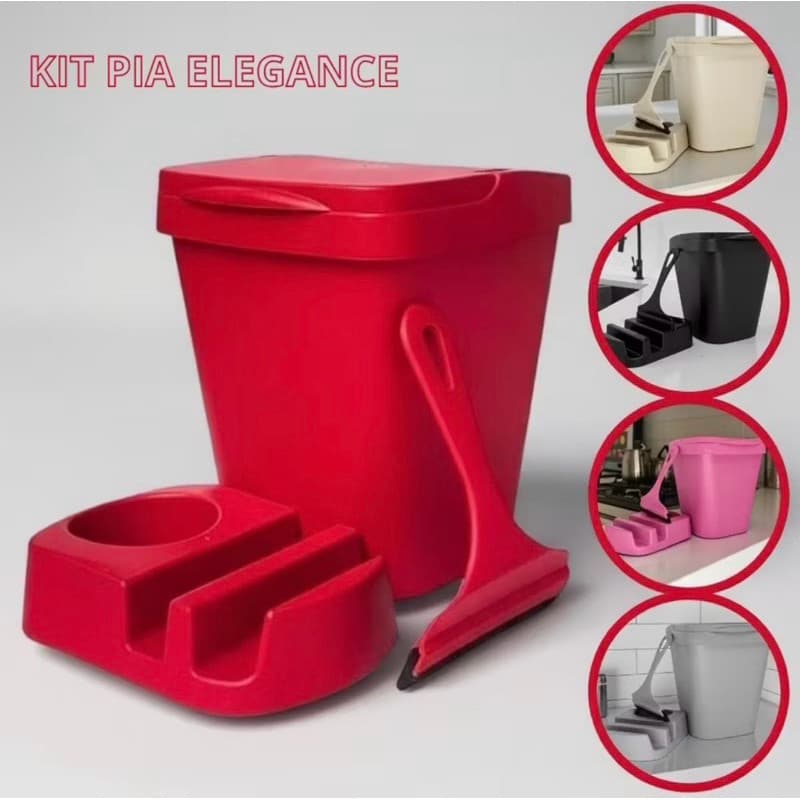 Kit Pia Plástico Elegance Lixeira Porta Detergente Esponja Rodinho Cozinha Apartamento 3 peças