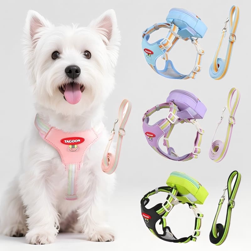 Arnês para Cães com Mochila e Conjunto de Coleira, Arnês de Malha Anti-Puxão com Compartimento de Armazenamento, Coleira