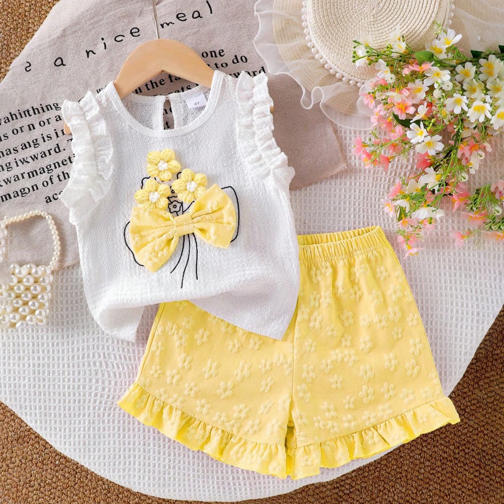Conjunto De 2 Peças Para Crianças De 3 A 8 Anos , Verão , Meninas , Branco , Babados , Sem Mangas , Top Floral , Laço ,