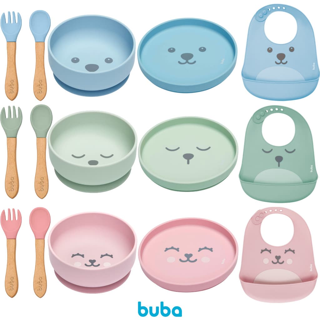 Kit Alimentação Silicone Gumy Buba 5 Peças Prato Bowl Ventosa Babador Pega Migalhas e Kit Talheres