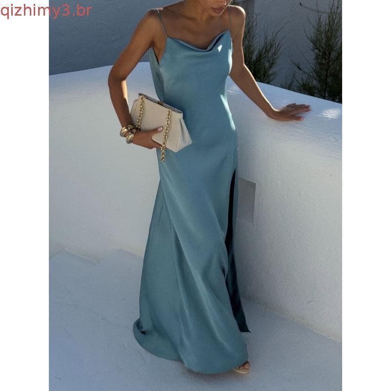 Vestido Longo Decote Tiras Ajustável com Amarração e Detalhes em Tom Sólido