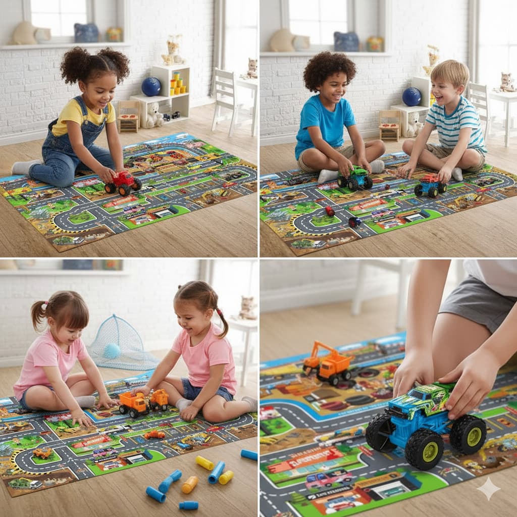 Kit Carrinho Infantil Tapete Cidade Acessórios Funcionais Bebê Coordenação Imaginação Pista Veículos