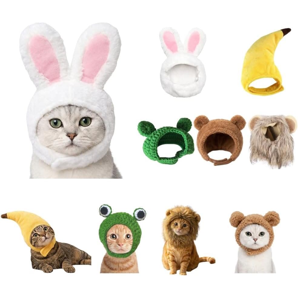 5 Chapéus de Fantasia para Gatos - Acessórios de Cabeça para Gatos, Filhotes e Cães em Formato de Banana, Sapo, Leão, Co