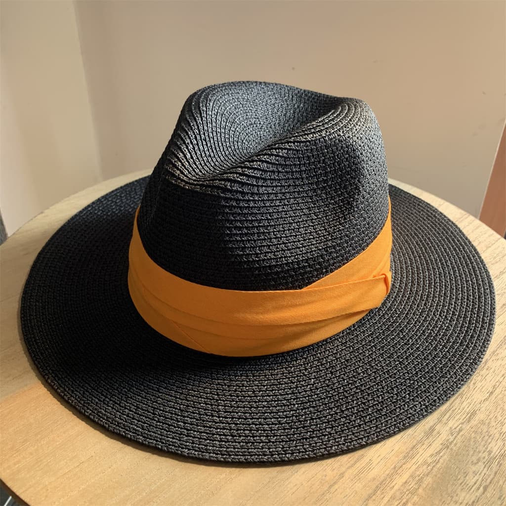 Chapéu de palha preto feminino praia aba grande Retro laranja chapéu de palha feminino à beira-mar férias guarda-sol cha
