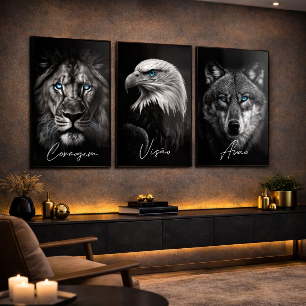 Quadros Decorativos Trio Leão Águia Coragem Motivacional Escritório