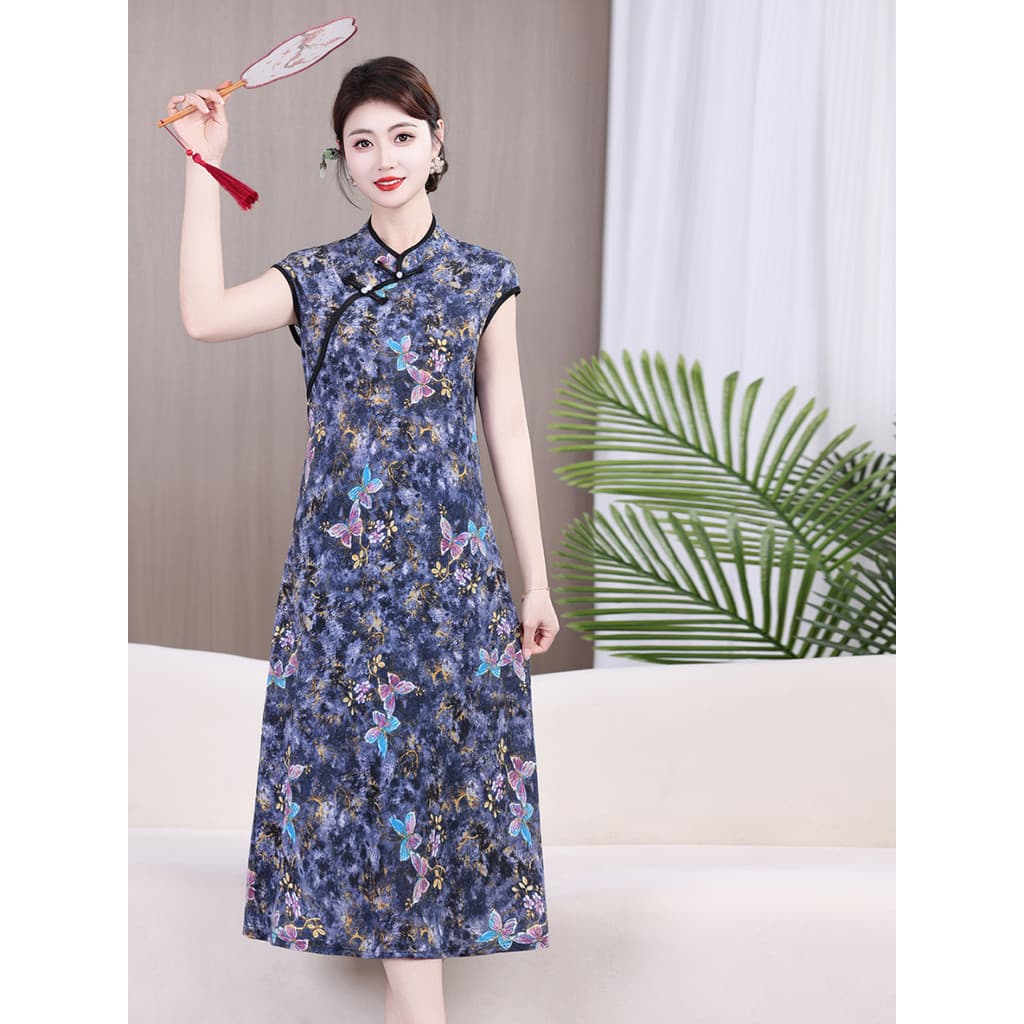 Novo vestido cheongsam chinês feminino mangas voadoras Diagonal inclinado mulheres idosas de meia-idade melhorado cheong