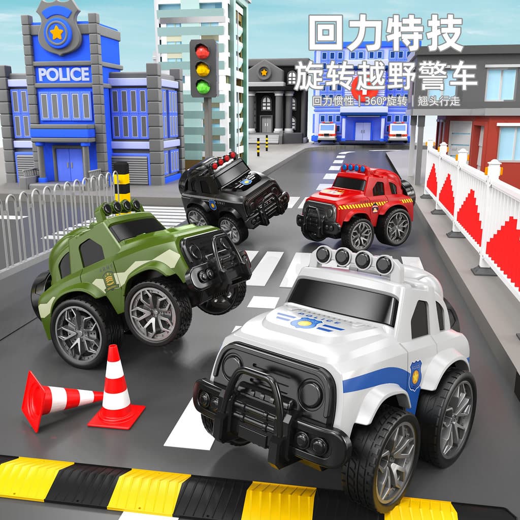 Stunt Off-Road carro de polícia infantil novo estilo carro de brinquedo inercial puxar para trás carro giratório menino