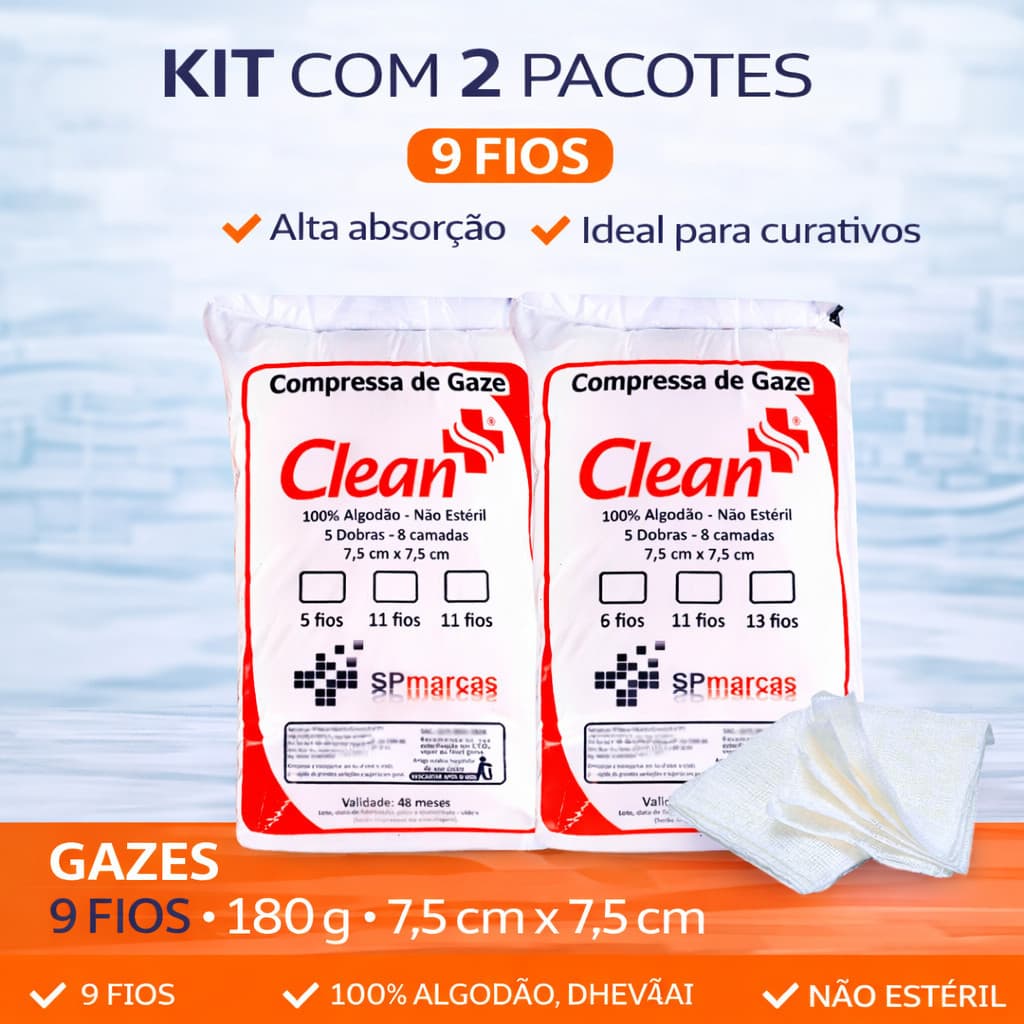 ompressa de Gaze Clean Hidrófila 9 Fios 7,5x7,5cm Kit 2 Pacotes Curativo Macia Absorvente Descartável