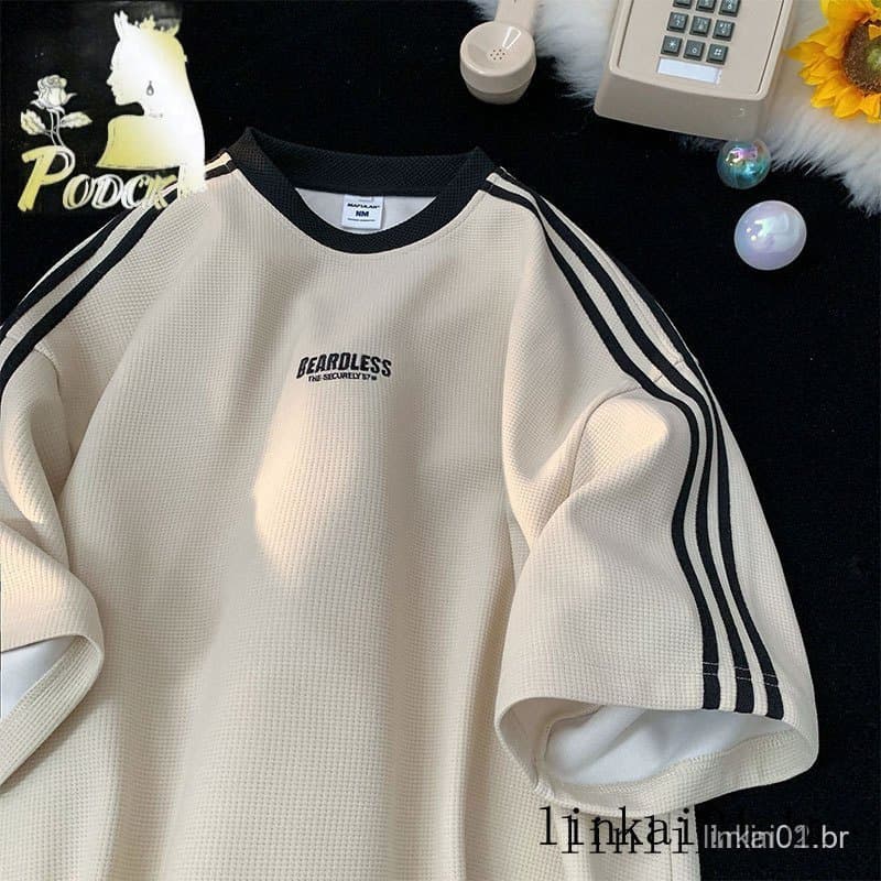 Camiseta masculina de manga curta Waffle, estilo Slim Fit de verão, estilo de rua moderno, camiseta americana juvenil co