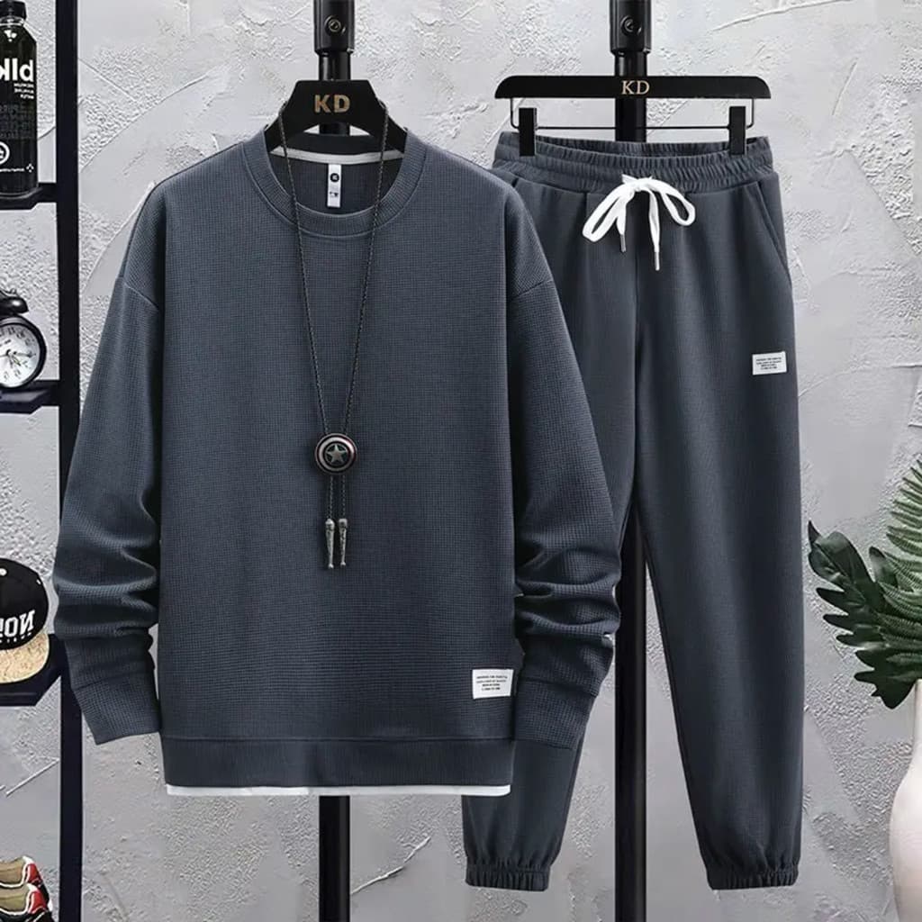 Conjunto casual de malha waffle para homens, estilo primavera e outono, combinado com um moletom esportivo estiloso e mo