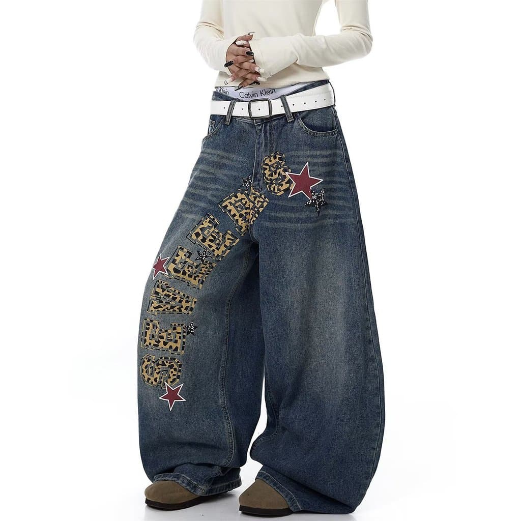 Calça Jeans estampada retrô americana feminina 2026 cintura alta solta reta perna larga masculina