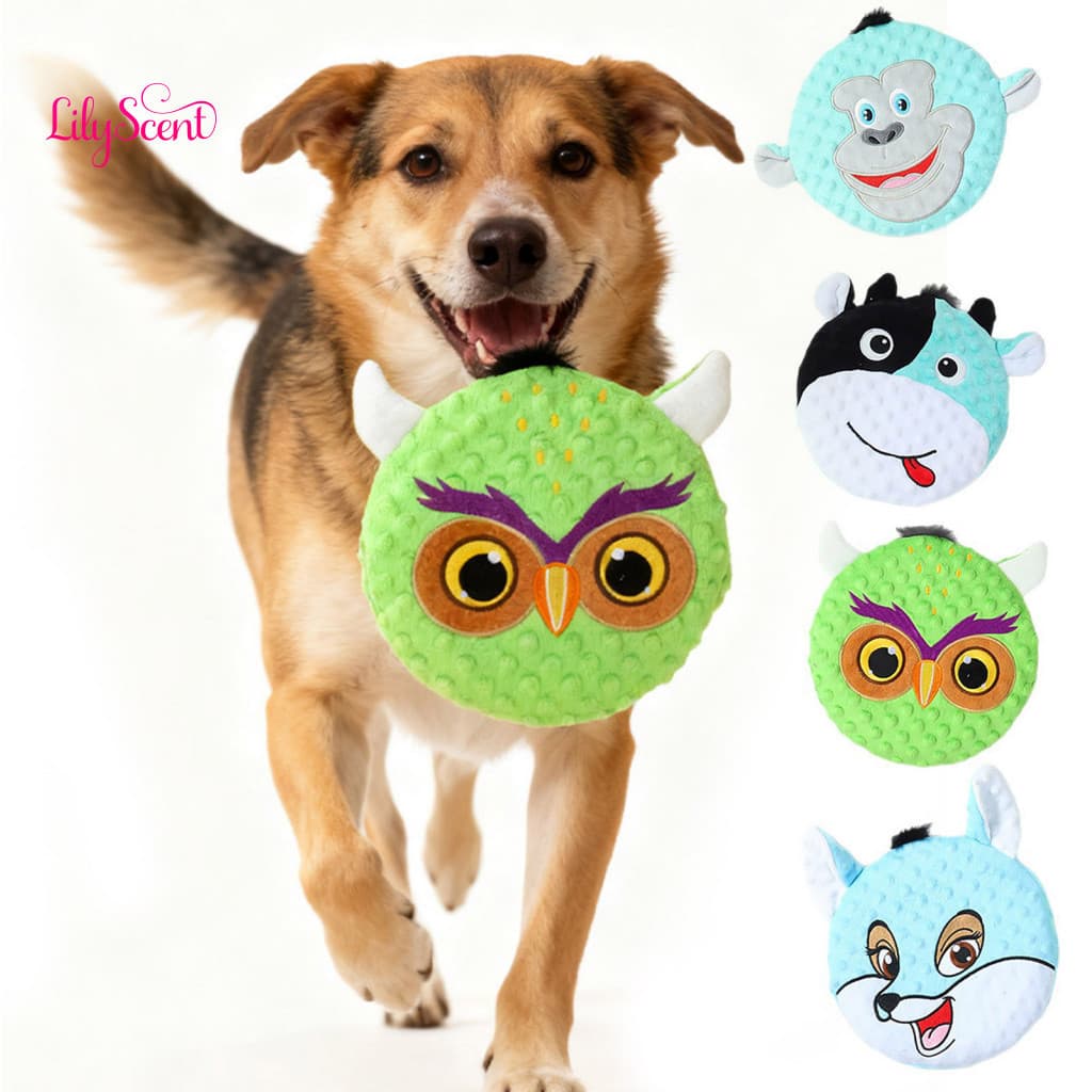 Flying Disc Dog Toy Plush with Squeaky Cow Fox Owl Monkey – Teething Bite-resistant Boredom Relief Enrichment for Pupp
