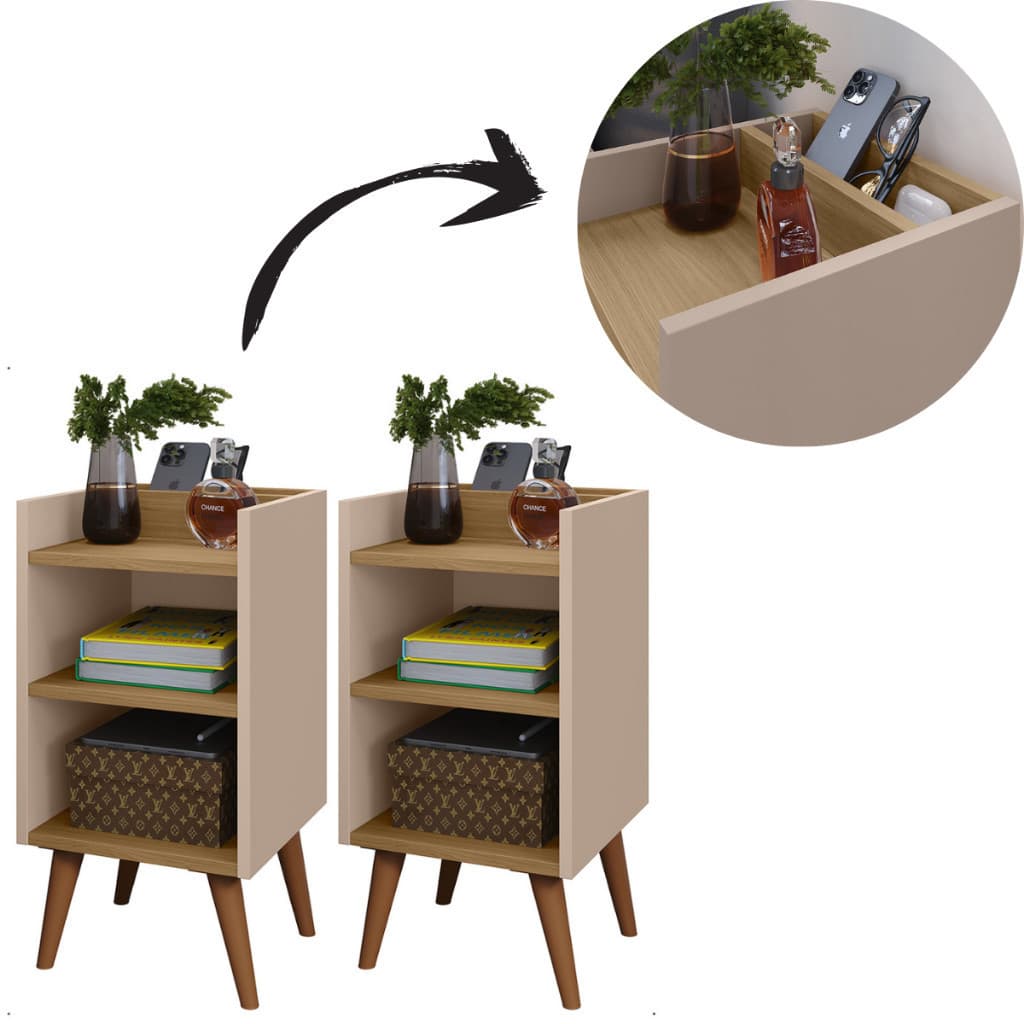 KIT MESA DE CABECEIRA MAX COM PORTA CELULAR, NICHO, PRATELEIRA COMPACTA PÉS RETRÔ Fendi-hanover