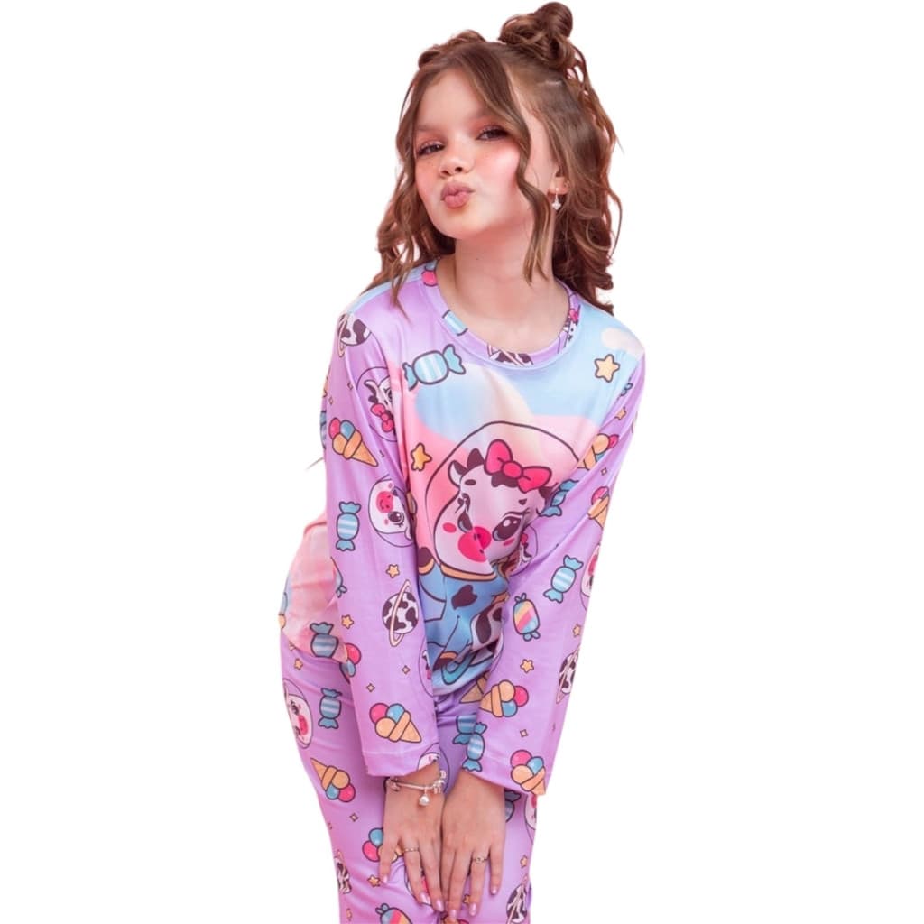 Pijama Manga Longa e Calça Infantil Vaquinha Lilás - 153