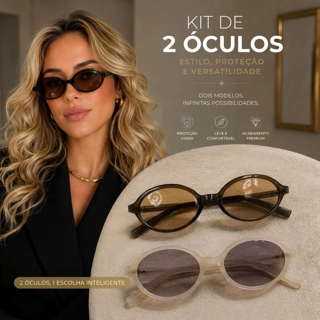 Kit 2 Óculos de Sol Feminino Oval Vintage Luxo Premium Retrô Fashion UV400 Elegante Moderno Envio Imediato