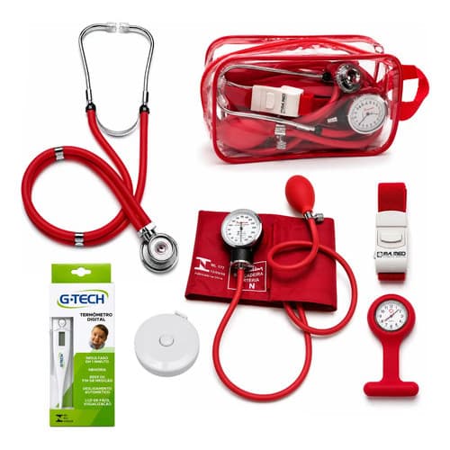 Kit Enfermagem 7 Itens Aparelho de Pressão Aneróide Estetoscópio Termômetro G-Tech Bolsa Colorida Transparente