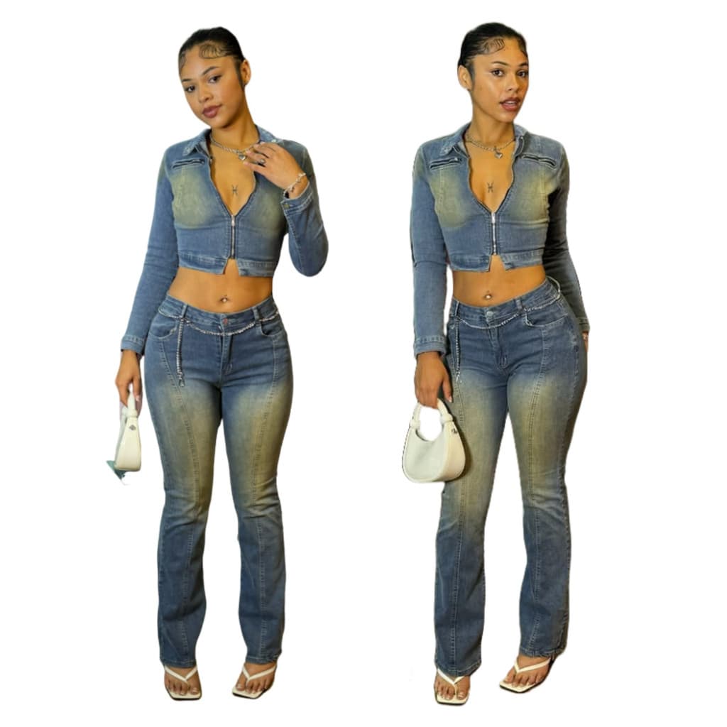 Conjunto Jeans Alargado Lavado Vintage , Jaqueta Elástica De Manga Comprida E Calças Largas