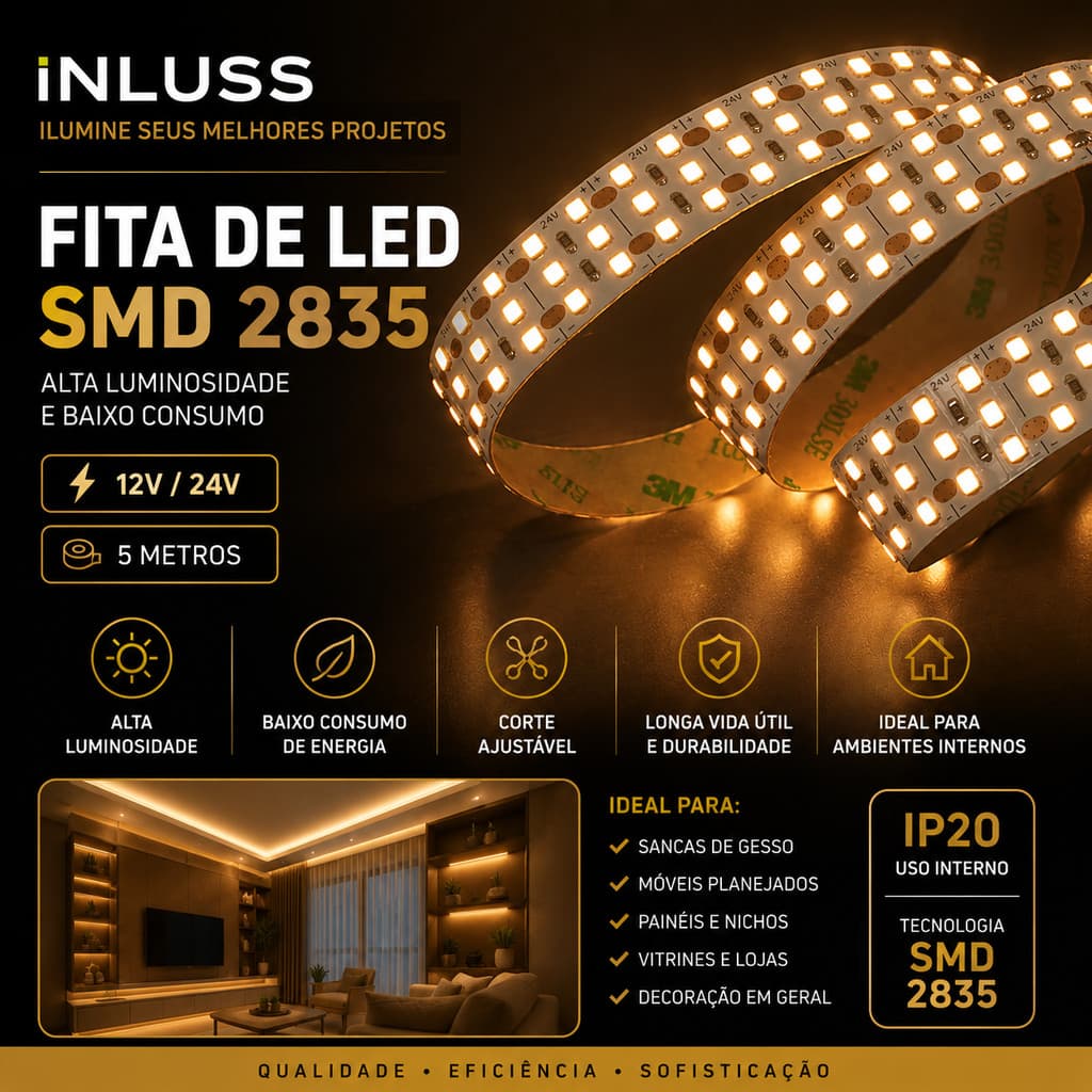 FITA LED TRIPLA 624 LEDS 3000K BRANCO QUENTE 3000K ALTA POTÊNCIA FORTE 12V 24V DECORATIVA PROFISSIONAL