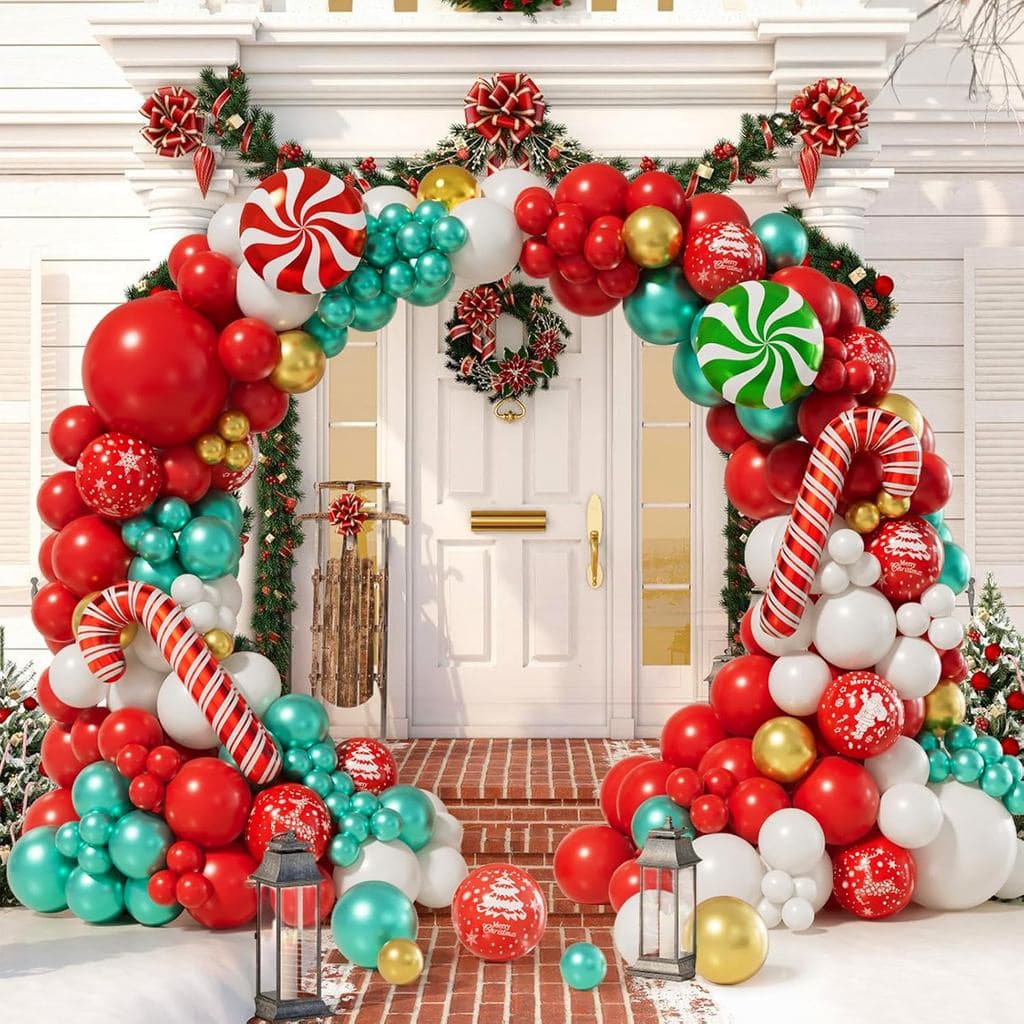 AobkDeco 153PCS Christmas Balloon Garland Arch Kit Red White Gold balloons Candy Foil Candy Cane Balloons Print