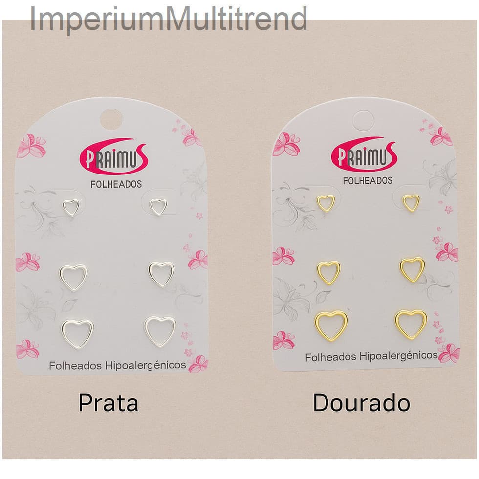 (V)Trio de Brincos Coração Vazado – Folheados Hipoalergênicos (Prata e Dourado)8OEN