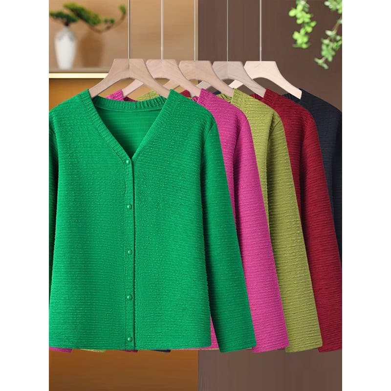 2025 novo estilo mãe usar manga comprida com decote em V cardigan primavera jaqueta feminina cardigan camiseta moda pequ