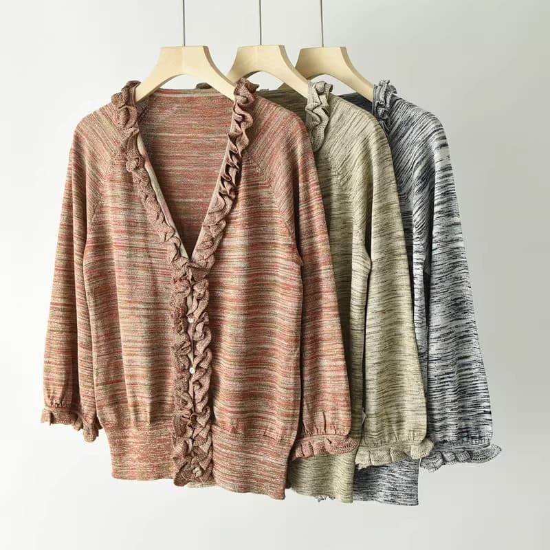 Fungus Edge Retro listrado com decote em V malha Cardigan feminino primavera comércio exterior roupas femininas desgaste