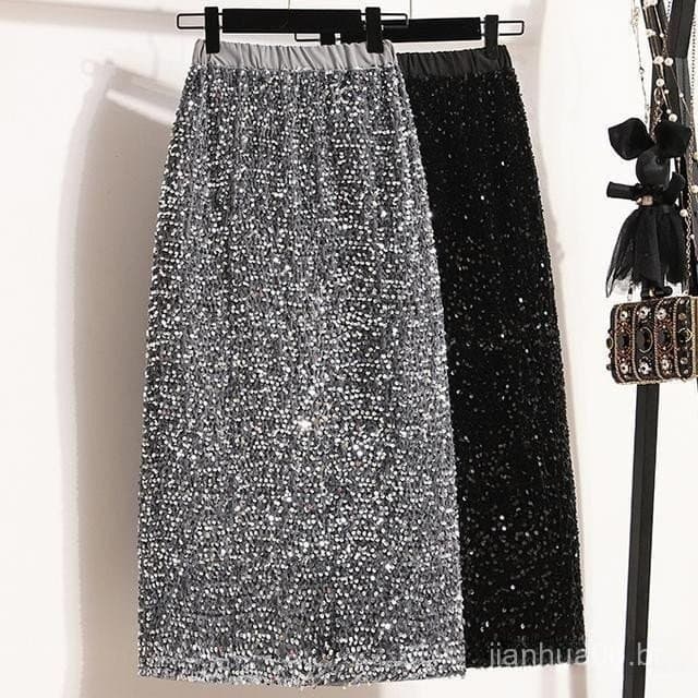 Saia de Lantejoulas Plus Size Primavera Nova Alta Qualidade Brilhante Cintura Alta Comprimento Médio T126