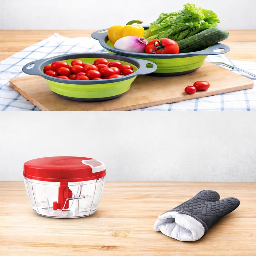 kit luva termica escorredor retratil processador de alimentos manual