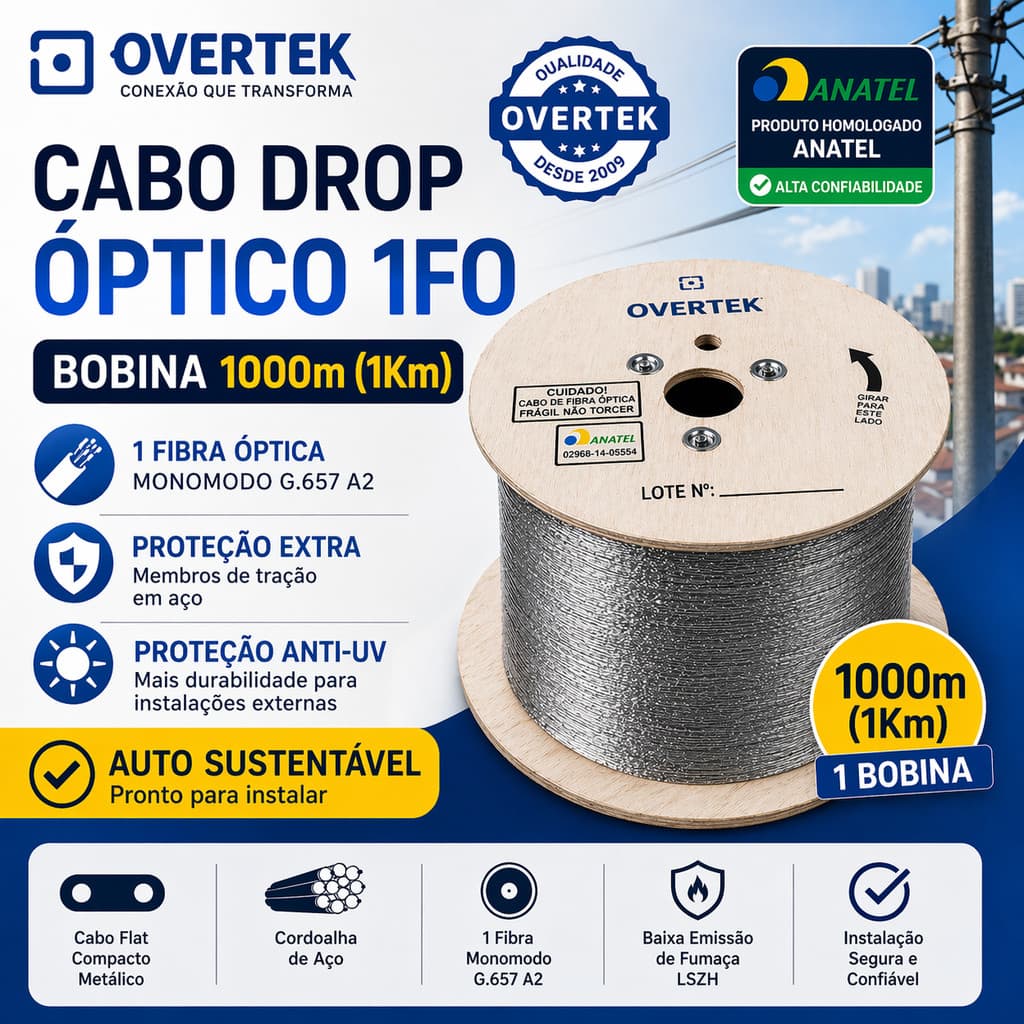 Cabo Drop Óptico 1FO 1Km Overtek - Bobina 1000m - Flat Compacto Metálico Auto Sustentável Homologado Anatel