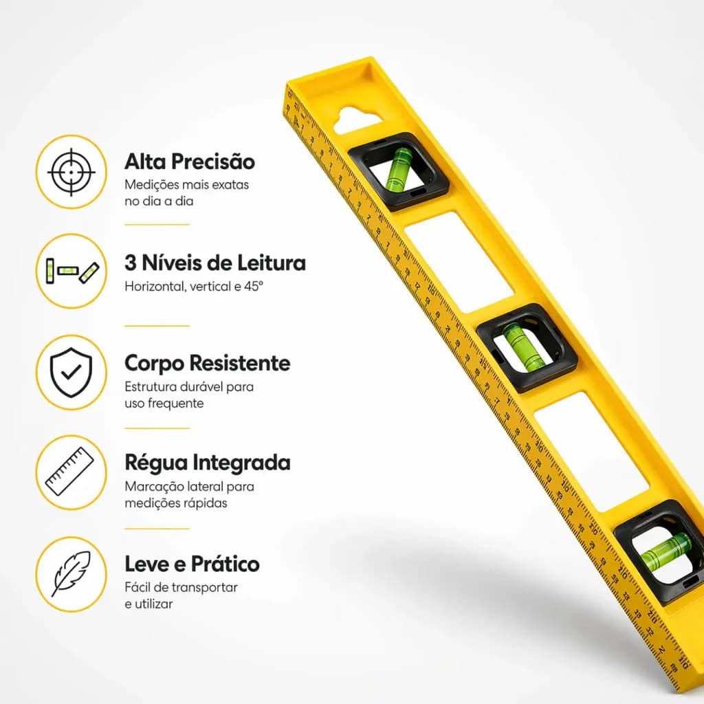 Nível de Construção 50cm Amarelo 3 Bolhas Plástico Resistente