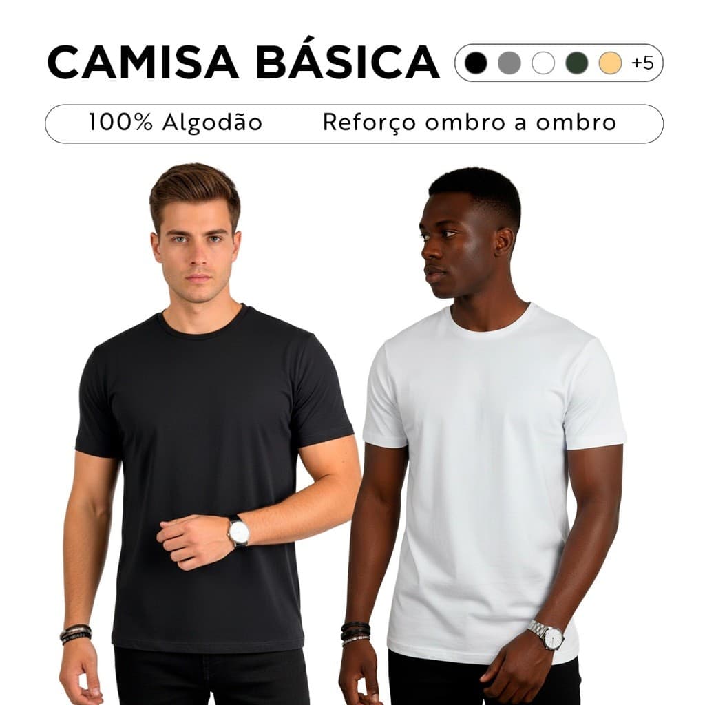 Kit 2 Camisetas Básicas Masculina 100% Algodão Reforço Ombro a Ombro - Camiseta Masculina Moda Casual