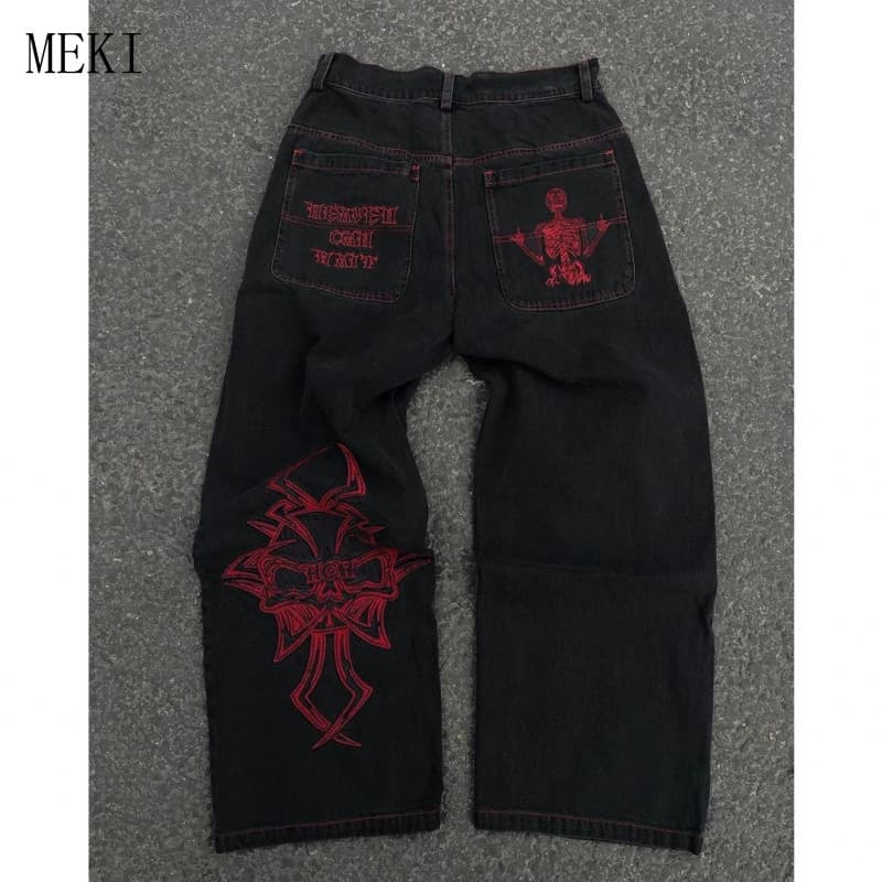 Calças Jeans Masculinas Y2K Estilo Hip Hop Retro com Bordado de Caveira, Denim Lavado, Corte Largo e Casual H642