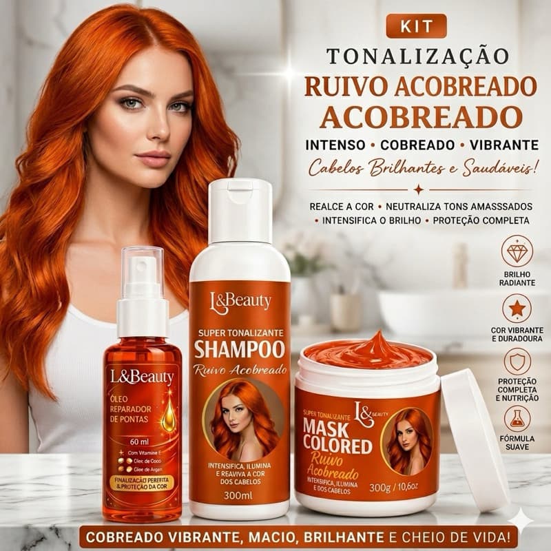 Kit Shampoo Tonalizante Ruivo 300ml + Máscara Tonalizante 300gr + ÓLEO Reparador 60ml - L&beauty Profissional