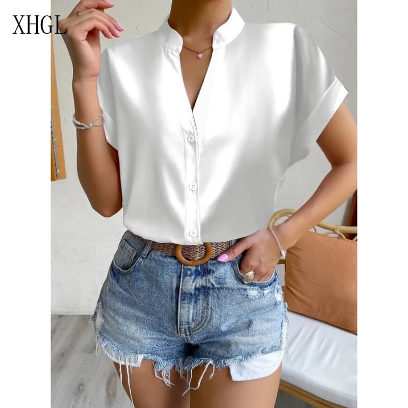 Camisa Casual com Decote em V em Cor Sólida para Escritório, Moda Primavera Verão, Elegante, Slim, Manga Curta para Mulh