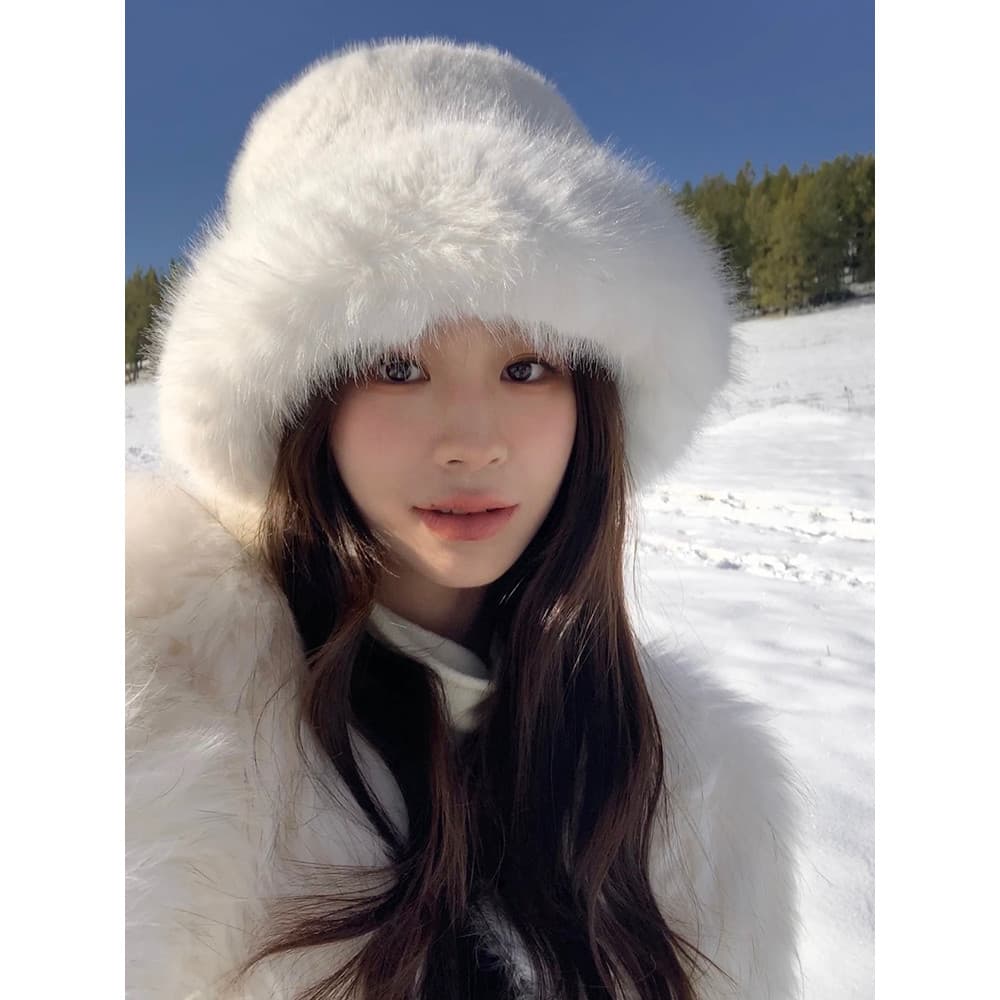 Chapéu de pele ecologicamente correto feminino inverno pelúcia bacia chapéu branco peludo balde chapéu à prova de vento