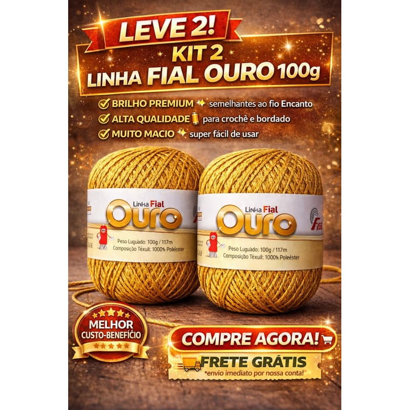 Kit 2 Fio Linha Fial Ouro 100g Poliéster Crochê Bordado 117m Similar Encanto