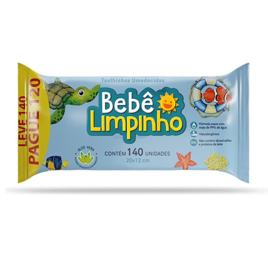 Kit C/3 TOALHAS UMEDECIDAS BEBÊ LIMPINHO 140 UNIDADES CADA  TOTAL 420 UNIDADES