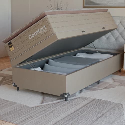 Cama Box Baú Solteiro + Colchão Comfort Class Pillow Top  Bege/suede Bege