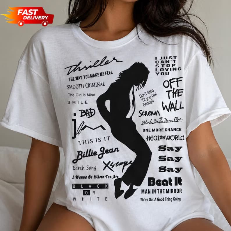 Camiseta Oversized Masculina Feminina Estampa Michael Jackson Lista de Hits Silhueta Streetwear T-shirt Retrô Casual