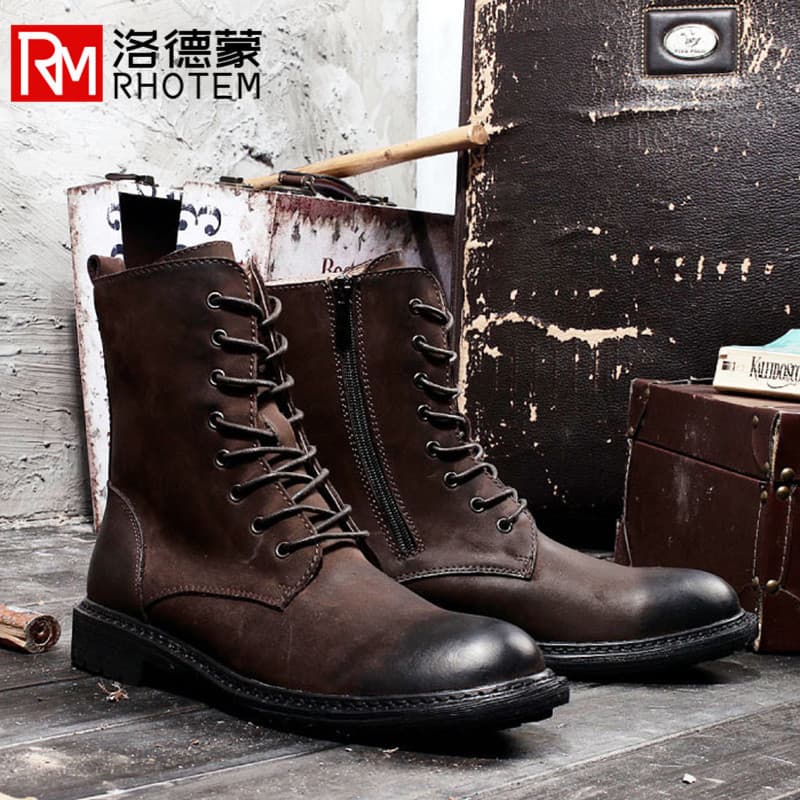 Francês RHOTEM botas Martin de cano alto masculino inverno britânico Retro macio botas longas moda botas de motocicleta